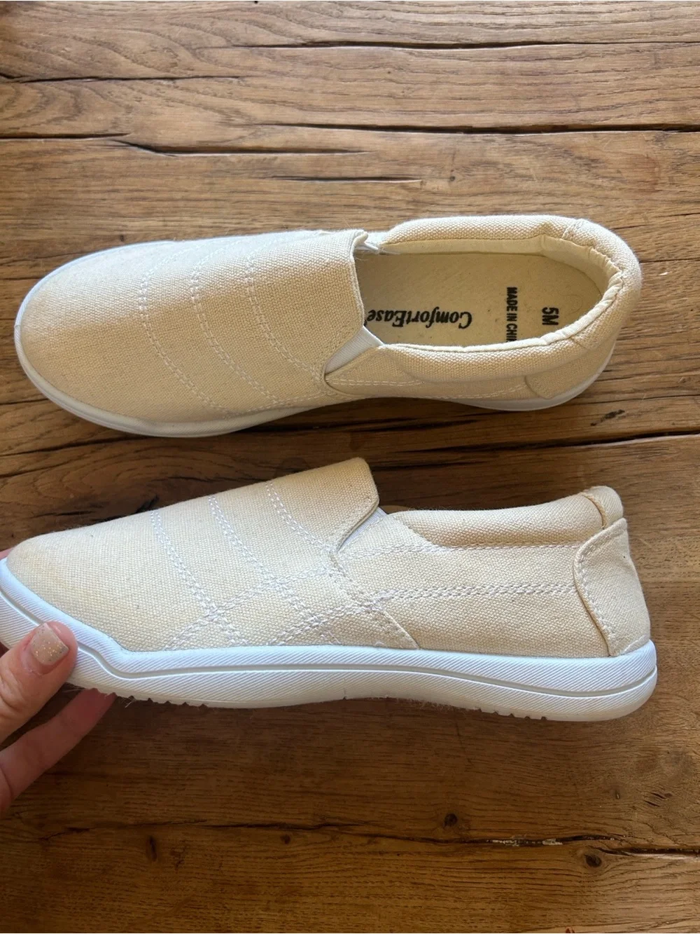 Kids Slip-On Canvas Sneakers in Beige size 5 women’s back to school